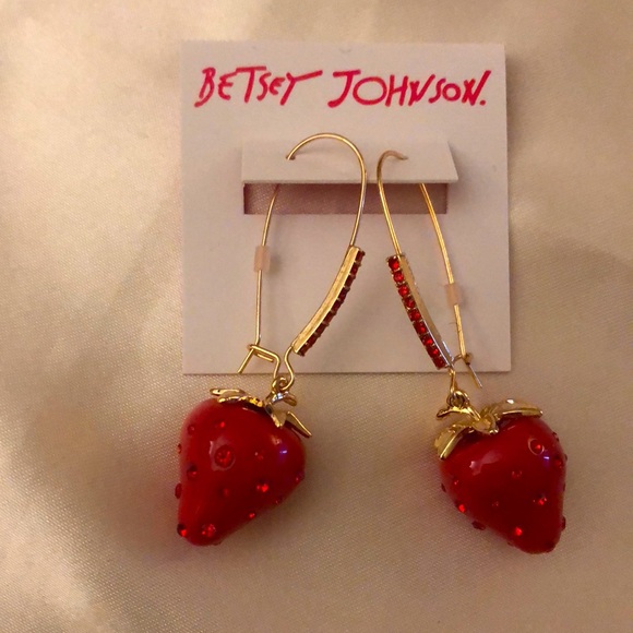 Betsey Johnson Gold Tone Babycakes Red Strawberry Drop Earrings Crystal NWT - Picture 3 of 11
